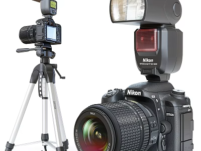 Nikon D7500 Camera Setup With Tripod External Flash And Photography Gear 3d model