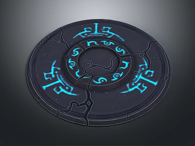 Circular Black Cracked Disk With Blue Glowing Runes And Mystical Patterns 3d model