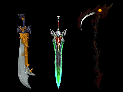 Decorative Weapons Collection with Sword Scimitar Sickle Golden Accents Green Glow and Moon Design 3d model