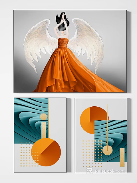 Art Decor With Orange Dress White Wings And Blue Wave Paintings 3d model 
