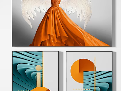 Art Decor With Orange Dress White Wings And Blue Wave Paintings 3d model