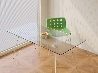 Modern Glass Top Office Desk with Metal Legs Green Polka Dot Chair Wooden Floor Blinds 3d model