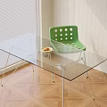 Modern Glass Top Office Desk with Metal Legs Green Polka Dot Chair Wooden Floor Blinds