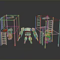 Green Robot Standing Between Metal Racks With Red Items And Yellow Crates