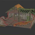 Dilapidated Building With Collapsed Roof Exposed Wooden Beams Broken Brick Walls And Floor Debris