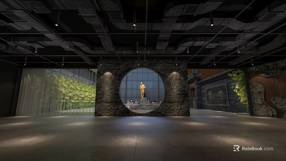 Industrial Interior Space Featuring Circular Stone Wall With Golden Statue And Green Plants 3d model 