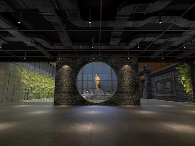 Industrial Interior Space Featuring Circular Stone Wall With Golden Statue And Green Plants 3d model