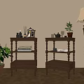 Elegant Wooden Side Tables With Photo Frame Scented Bottles Books And Potted Plant In Living Room