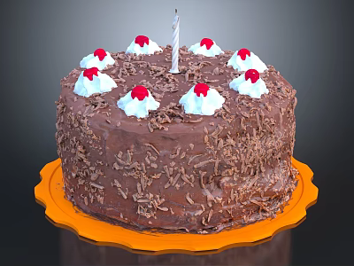 Chocolate Birthday Cake With Chocolate Shavings White Cream Red Cherries Single Candle On Orange Tray 3d model