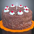 Chocolate Birthday Cake With Chocolate Shavings White Cream Red Cherries Single Candle On Orange Tray