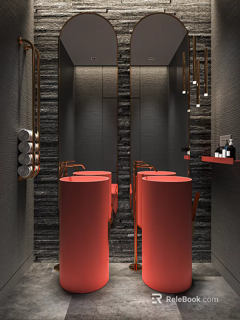Modern Public Toilet Interior With Red Washbasins Black Tiled Walls And Brass Fixtures 3d model 