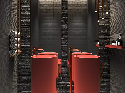 Modern Public Toilet Interior With Red Washbasins Black Tiled Walls And Brass Fixtures 3d model