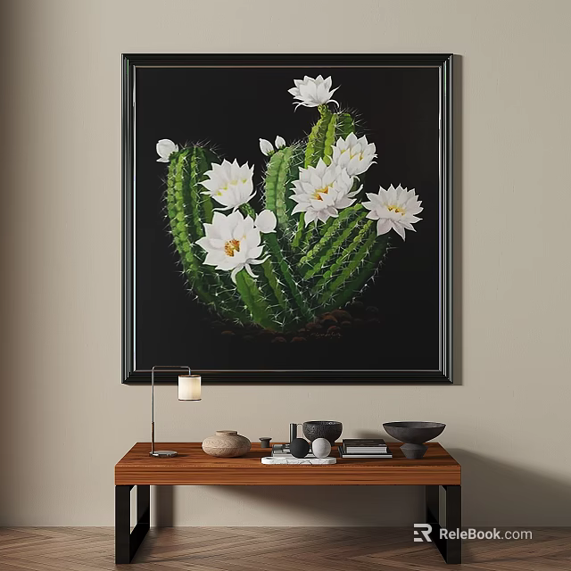 Modern Abstract Painting With Green Cactus And White Flowers On Black Background 3d model 