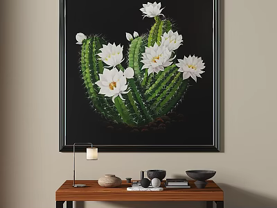 Modern Abstract Painting With Green Cactus And White Flowers On Black Background 3d model