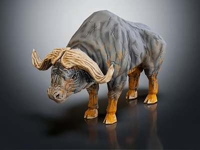 Detailed Gray Brown Buffalo Sculpture With Large Horns Standing On Black Background 3d model