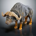 Detailed Gray Brown Buffalo Sculpture With Large Horns Standing On Black Background
