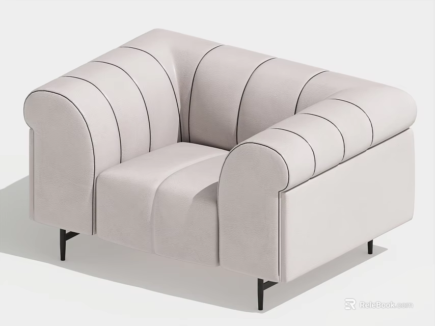 Modern Single Seater Sofa In Light Beige With Rounded Arms Stitched Details And Black Legs 3d model 