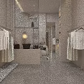 Minimalist Clothing Store Interior With Open Space White Dresses Display Area And Pebble Floor