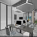 Modern Office Interior Design With Open Layout Glass Partitions Pendant Lights And Decorative Plants