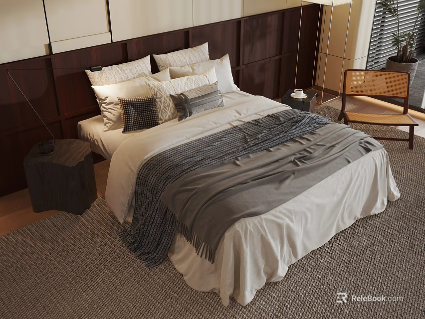 Stylish Double Bed With Dark Wooden Headboard Plush Pillows And Grey Throw Blanket 3d model 