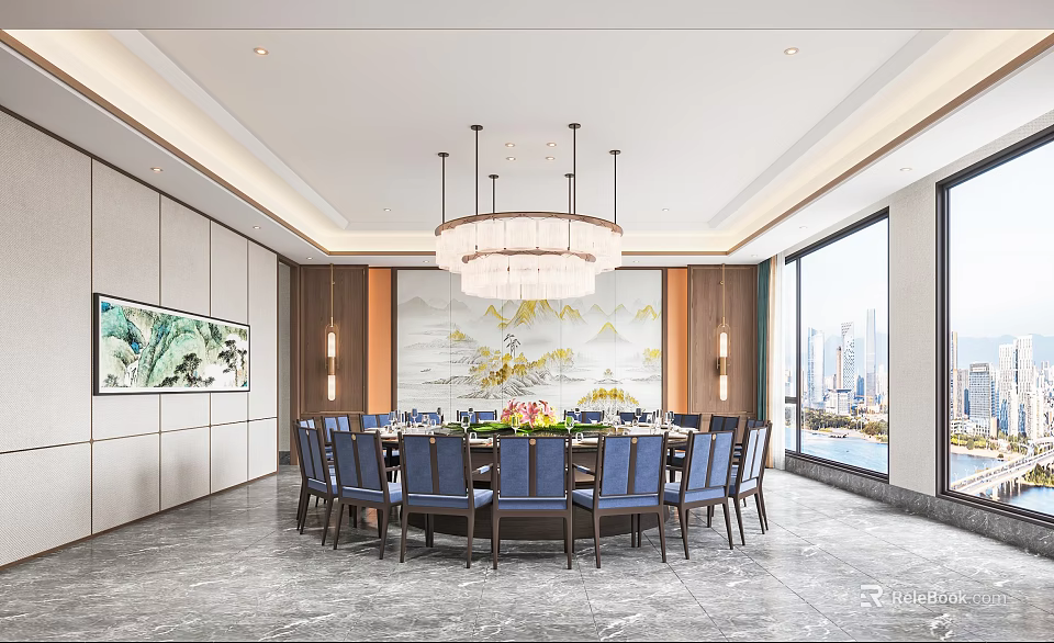 Luxurious Private Dining Room With Round Table And City View 3d model