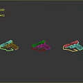 Three Different Colored Pistols Displayed On Black Background With Reflective Surfaces