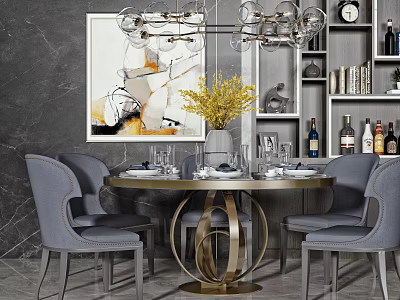 Elegant Dining Table Set With Gray Chairs Golden Base Chandelier And Yellow Flowers 3d model