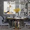 Elegant Dining Table Set With Gray Chairs Golden Base Chandelier And Yellow Flowers