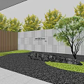Modern Landscape Wall In Outdoor Garden With Trees Rocks Green Lawn And Black Gravel