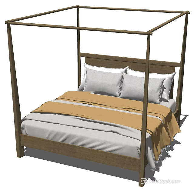 Elegant Double Bed With Wooden Frame And Gray Beige Bedding Pillows Design 3d model 