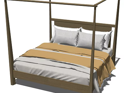 Elegant Double Bed With Wooden Frame And Gray Beige Bedding Pillows Design 3d model