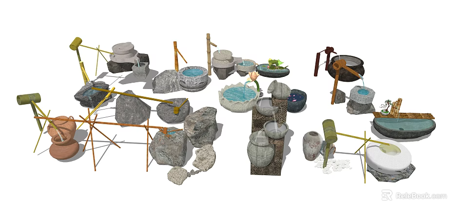 Garden Ornaments Featuring Stone Basins Lotus Decorations And Bamboo Water Elements 3d model 