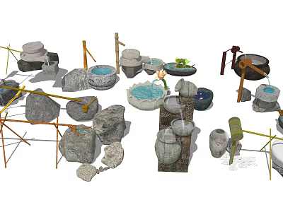 Garden Ornaments Featuring Stone Basins Lotus Decorations And Bamboo Water Elements 3d model