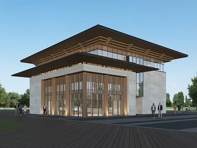 Modern Boutique Guesthouse Building With Large Roof Stone Walls Glass Facade And Green Surroundings 3d model