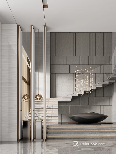 Modern Luxury Sales Office Interior With Staircase And Elegant Pendant Lights Design 3d model 
