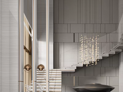 Modern Luxury Sales Office Interior With Staircase And Elegant Pendant Lights Design 3d model