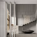 Modern Luxury Sales Office Interior With Staircase And Elegant Pendant Lights Design