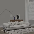 Light Beige Three Seater Sofa with Floor Lamp Console Table Decorative Artwork Vase and Curtains
