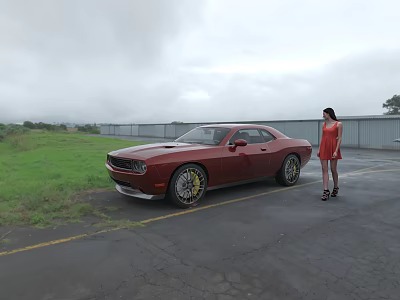 Red Sports Car With Woman In Red Dress Parked Near Green Grass And Gray Sky 3d model
