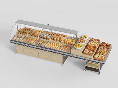 Bakery Display Shelves With Transparent Glass Cover Holding Fresh Bread Pastries And Snacks 3d model