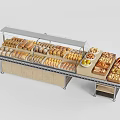 Bakery Display Shelves With Transparent Glass Cover Holding Fresh Bread Pastries And Snacks