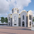 European style Architecture With White Exterior Dome Arched Windows Reflecting Pool And Water Reflection