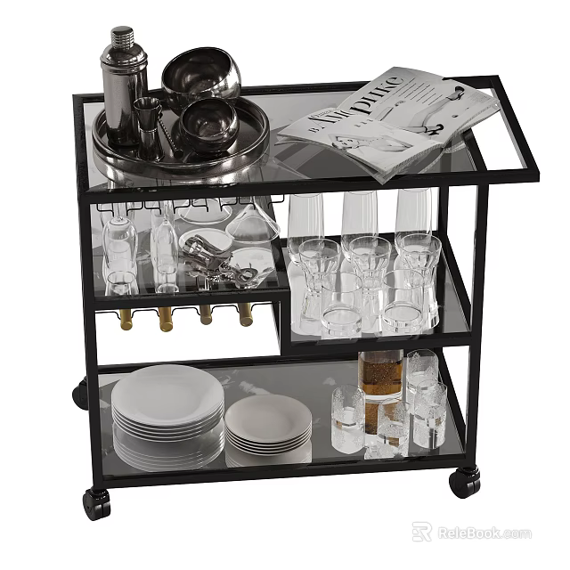 Stylish Black Serving Cart With Glass Shelves Plates Glasses And Magazine 3d model 