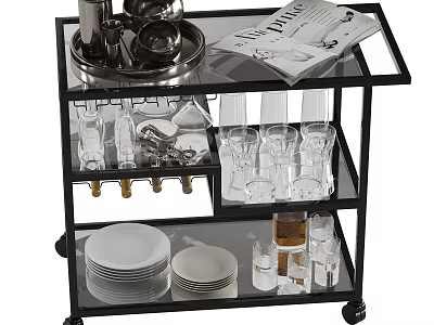 Stylish Black Serving Cart With Glass Shelves Plates Glasses And Magazine 3d model