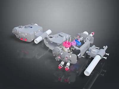 Mechanical Equipment Components With Gray Body Pink Blue Parts And White Pipes 3d model