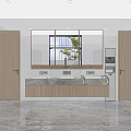 Modern Public Restroom Interior With Wooden Doors Marble Countertop Sink Large Mirror Window And Plant