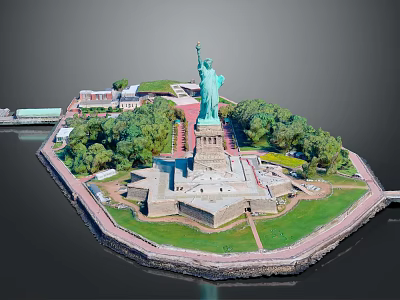 Aerial Planning of Statue of Liberty Island with Green Spaces and Surrounding Structures 3d model