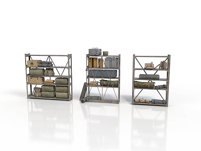 Three Metal Storage Shelves With Boxes And Various Items Displayed 3d model