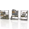 Three Metal Storage Shelves With Boxes And Various Items Displayed