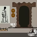 Elegant Mirror With Wooden Frame Black White Figure Print Candles Books Firewood